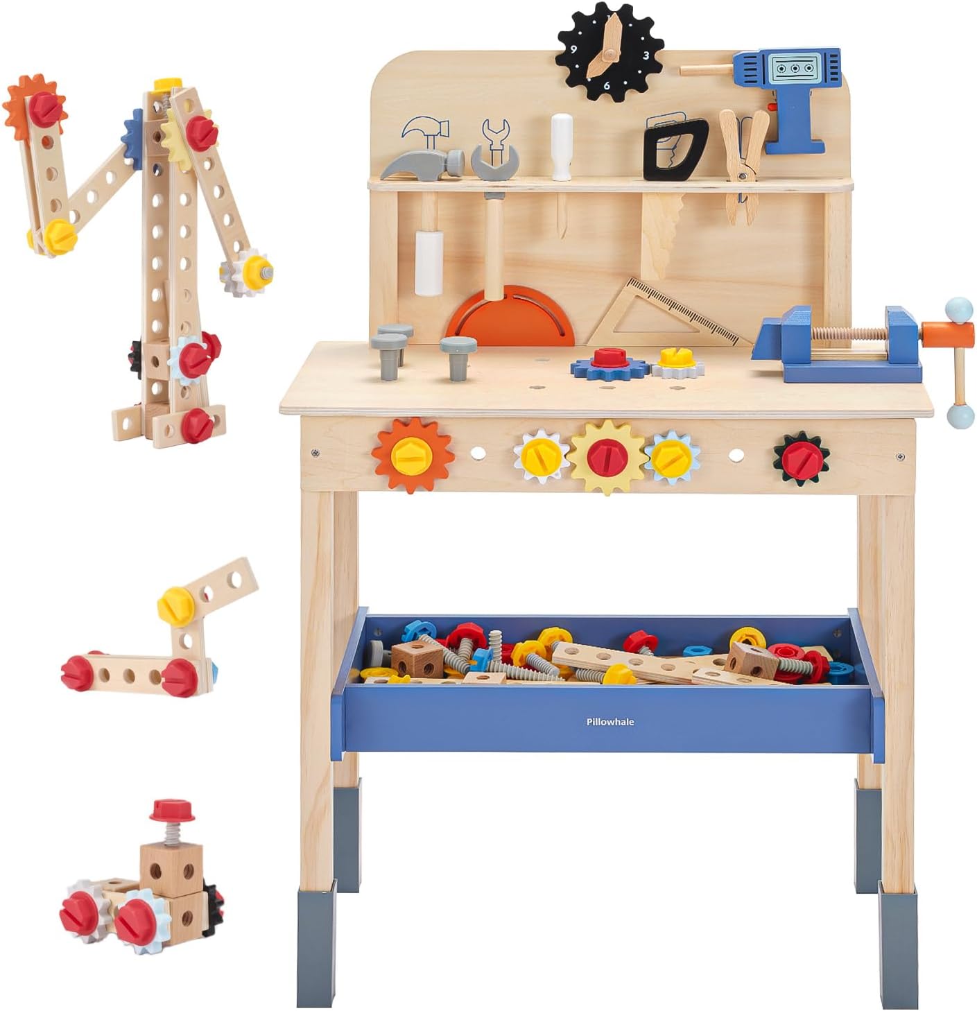 Pillowhale Wooden Kids Tool Bench, Large Size Toddler Workbench Toy with Tools, Gears & Storage, Construction & STEM Building Workshop Tool Bench Toys for Kids Ages 3–6
