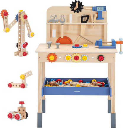 Pillowhale Wooden Kids Tool Bench, Large Size Toddler Workbench Toy with Tools, Gears & Storage, Construction & STEM Building Workshop Tool Bench Toys for Kids Ages 3–6