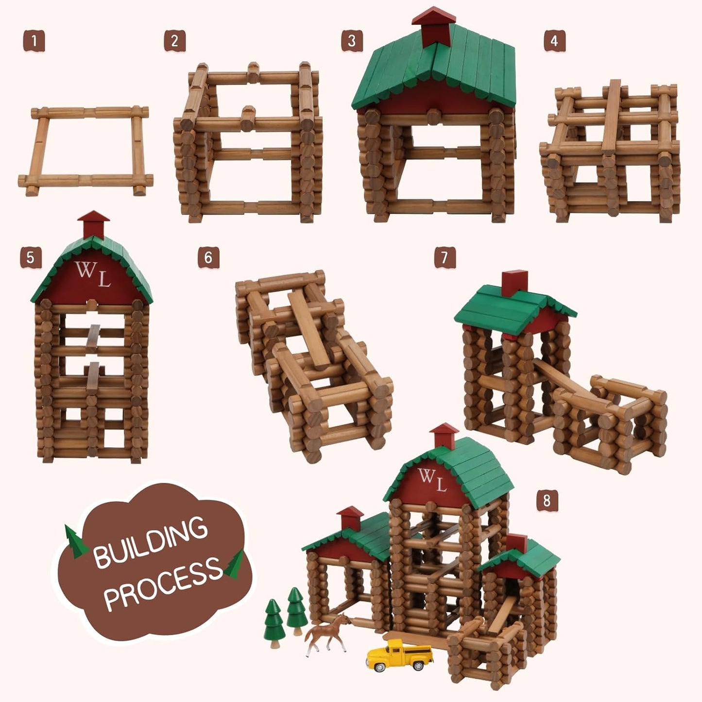 Wondertoys 208 Pcs Wooden Log Set - Classic Building Logs Ages 3+ - Best Retro Building Gift Set for Boys - Creative Construction Engineering Educational Gifts