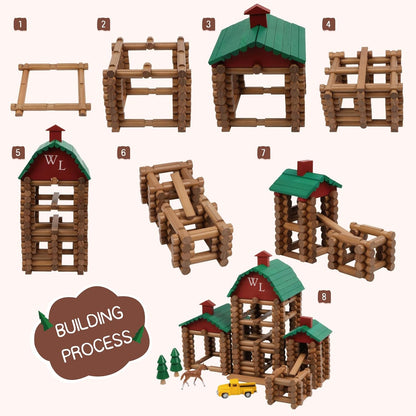 Wondertoys 208 Pcs Wooden Log Set - Classic Building Logs Ages 3+ - Best Retro Building Gift Set for Boys - Creative Construction Engineering Educational Gifts