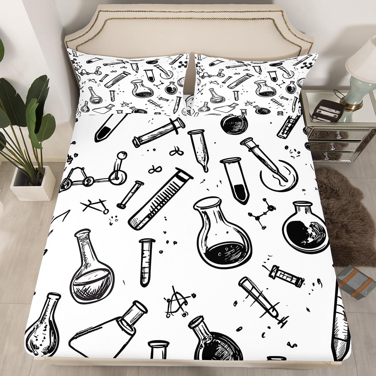 Chemistry Bed Sheets for Kids Teens Girls Boys,Chemical Experiment Fitted Sheet Twin,Science Themed Sheets for Math Lovers,Chemistry Lab Bedding Set,White and Black
