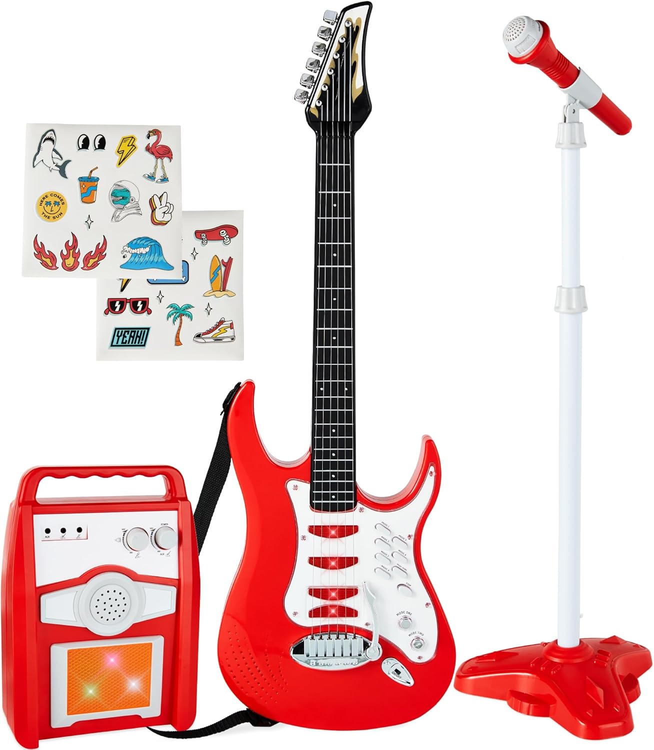 Best Choice Products Kids Electric Guitar Set with Microphone & Amp, Interactive Musical Toy for Boys & Girls, Lights & Sounds, Demo Songs, AUX Input, DIY Stickers - Blue