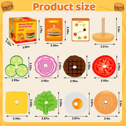 Jumlys Montessori Wooden Burger Stacking Toys for 2, 3, 4, 5 Year Olds, Fine Motor Toys for Kids Boys Girls, Ideal Preschool Educational and Learning Toys, Perfect Christmas Birthday Gifts