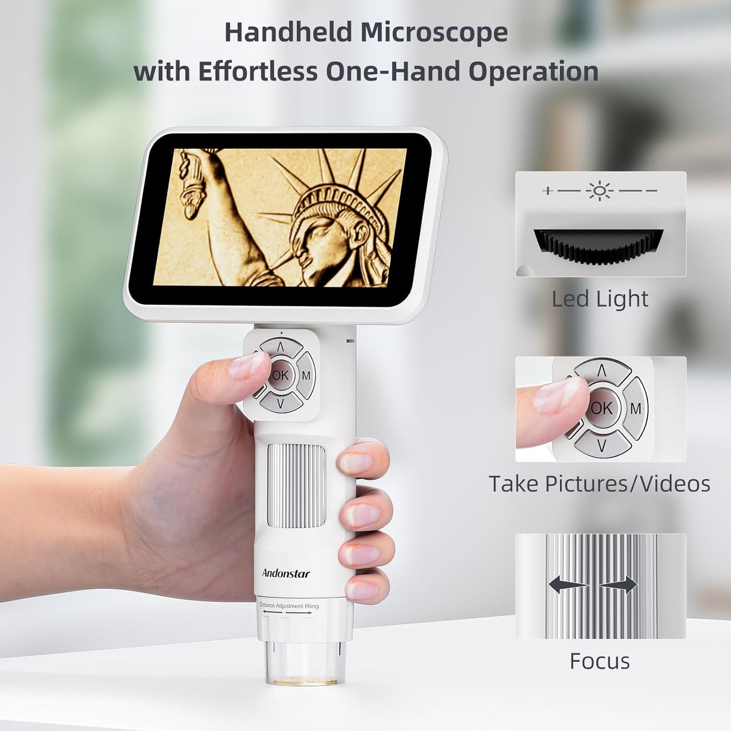 Andonstar Digital Microscope, 5" 1080P Coin Microscope Camera for Error Coin with 7.3" Metal Stand for Adults Kids, Handheld USB Coin Magnifier with 8 Adjustable LED Lights, Windows Mac PC