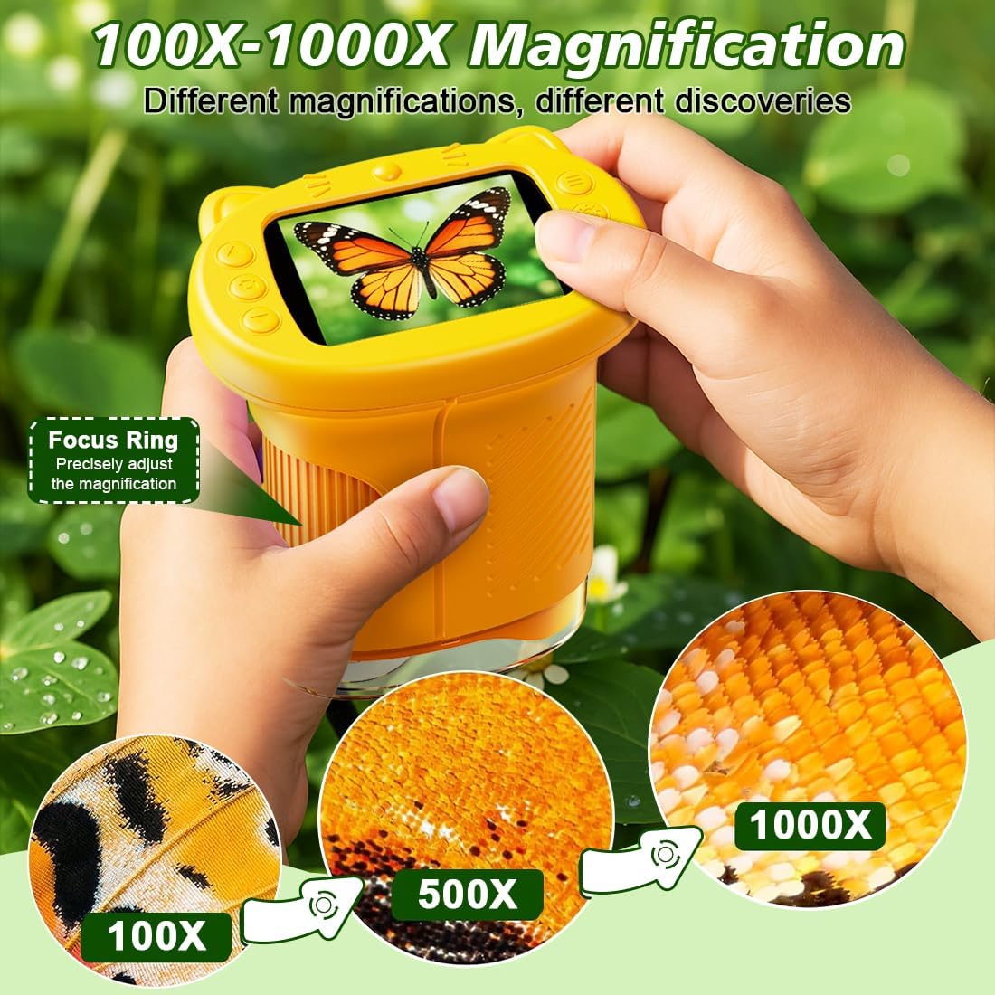 1000X Handheld Digital Microscope for Kids, 4K Kids Microscope with 2.4" Screen, 200–1000X Magnification, Portable STEM Educational Toy for Boys and Girls Ages 5–12 (White)