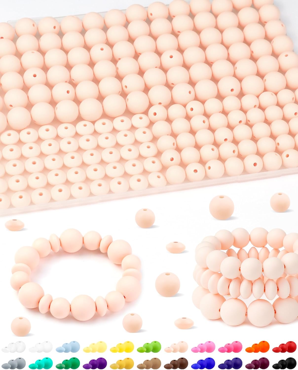 200Pcs FIVEIZERO Mixed Silicone Beads for Keychain Making, 12mm 15mm Round and 12mm Lentil Silicone Beads for Pens Bracelet Necklace DIY Crafts(Black)