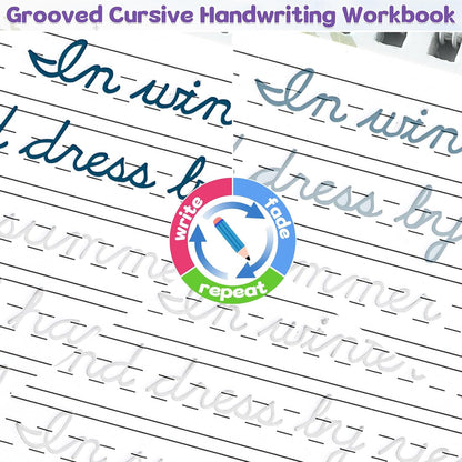 chiazllta Grooved Cursive Handwriting Workbook with Disappearing Ink Pens Magic Reusable Grooved Cursive Writing Practice for Beginners Kids Kickoff Student Workbook Homeschooling Supplies (Letters)