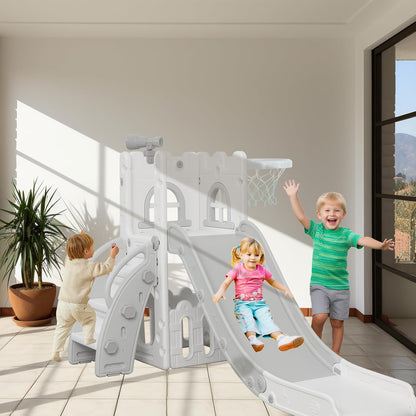 LulliSpace 6 in 1 Toddler Slide,Kids Climber Slider for Indoor Outdoor Playground with Basketball Hoop,Storage and Telescope,L Shaped Slide for Toddler Climber Playset