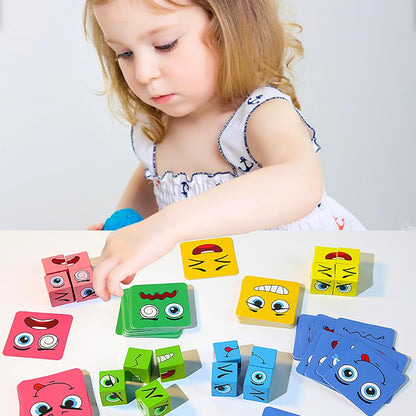 Wooden Face Changing Magic Cube Game, Montessori Puzzle Game for Kids Educational Face Changing Cubes