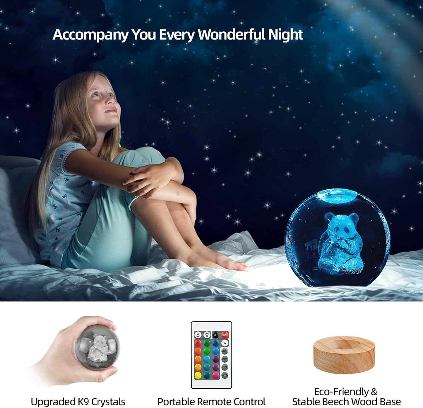 3D Solar System Crystal Ball Night Light with 16 Color LED Wooden Base, Upgraded 3.15 Inch Galaxy Planets Glass Ball Lamps with Remote for Birthday Christmas, Astronomy Space Gifts for Boys Girls