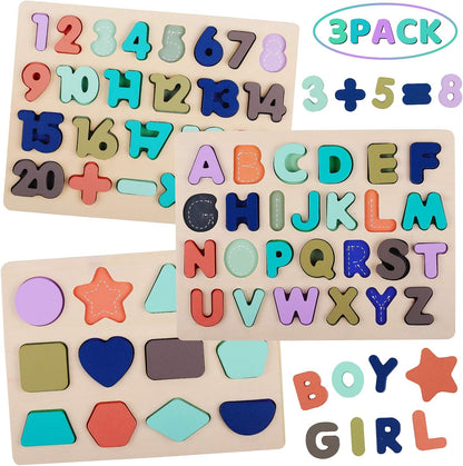 Wooden Puzzles for Toddlers, LENNYSTONE Wood Alphabet Number Shape Puzzles Kids Preschool Learning Toys for Boys Girls Ages 2 3 4 5 Year olds