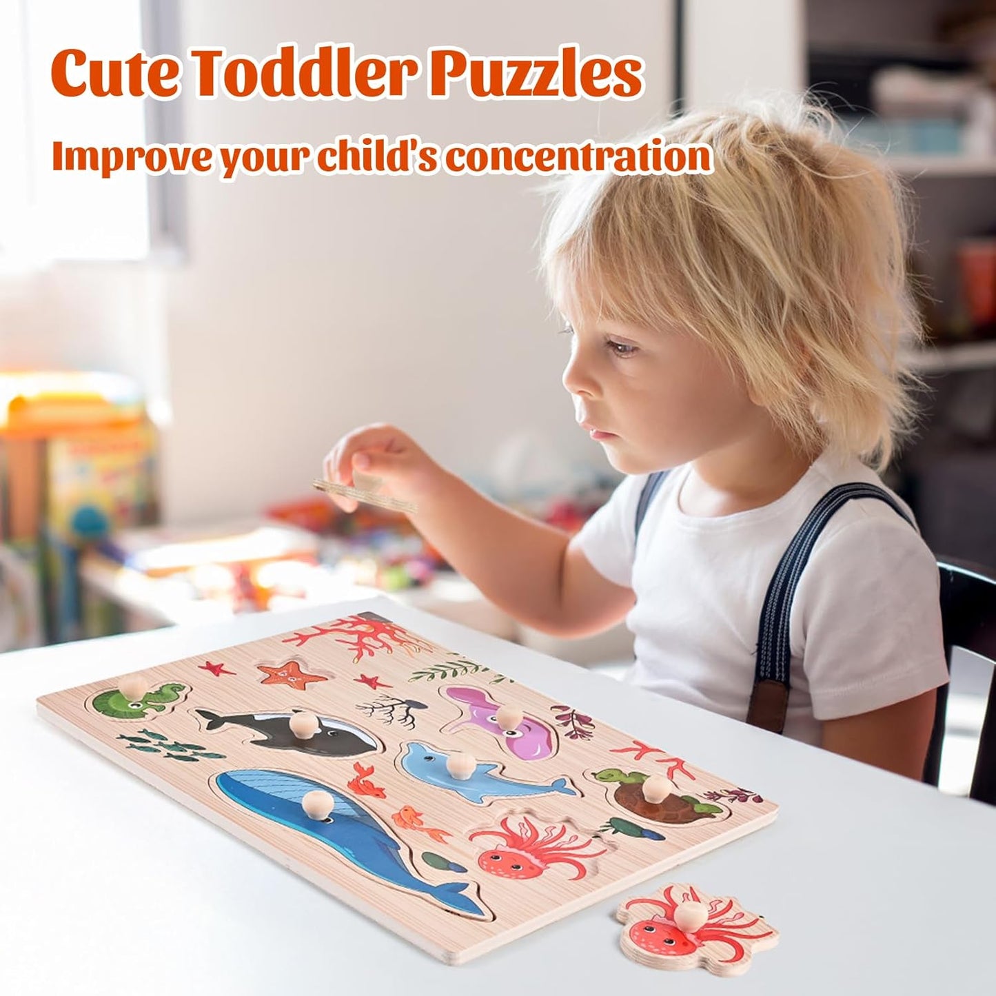 Wooden Peg Puzzles for Toddlers 1-3, 2 Pcs Montessori Puzzles, Animal & Sea Themes Puzzles, Great Preschool Educational Learning Gifts for Girls and Boys