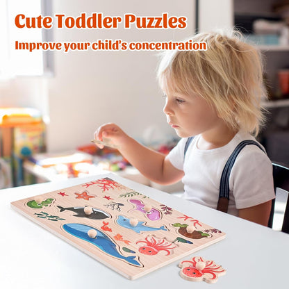 Wooden Peg Puzzles for Toddlers 1-3, 2 Pcs Montessori Puzzles, Animal & Sea Themes Puzzles, Great Preschool Educational Learning Gifts for Girls and Boys