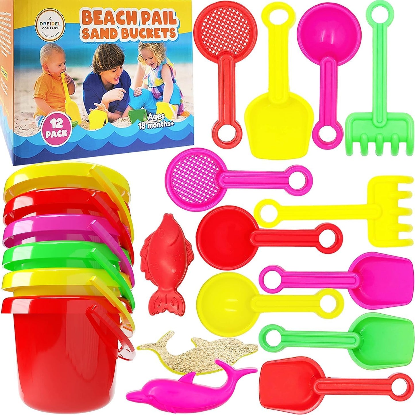 The Dreidel Company Mini Beach Day Playsets (Pack of 6) 3.25" Sand Bucket Play Set Box Includes, Pail, Shovel, Rake, Sifter Scoop, Dolphin Fish Sand Trays Toy for Boys and Girls Birthday Party Favor