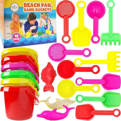 The Dreidel Company Mini Beach Day Playsets (Pack of 6) 3.25" Sand Bucket Play Set Box Includes, Pail, Shovel, Rake, Sifter Scoop, Dolphin Fish Sand Trays Toy for Boys and Girls Birthday Party Favor