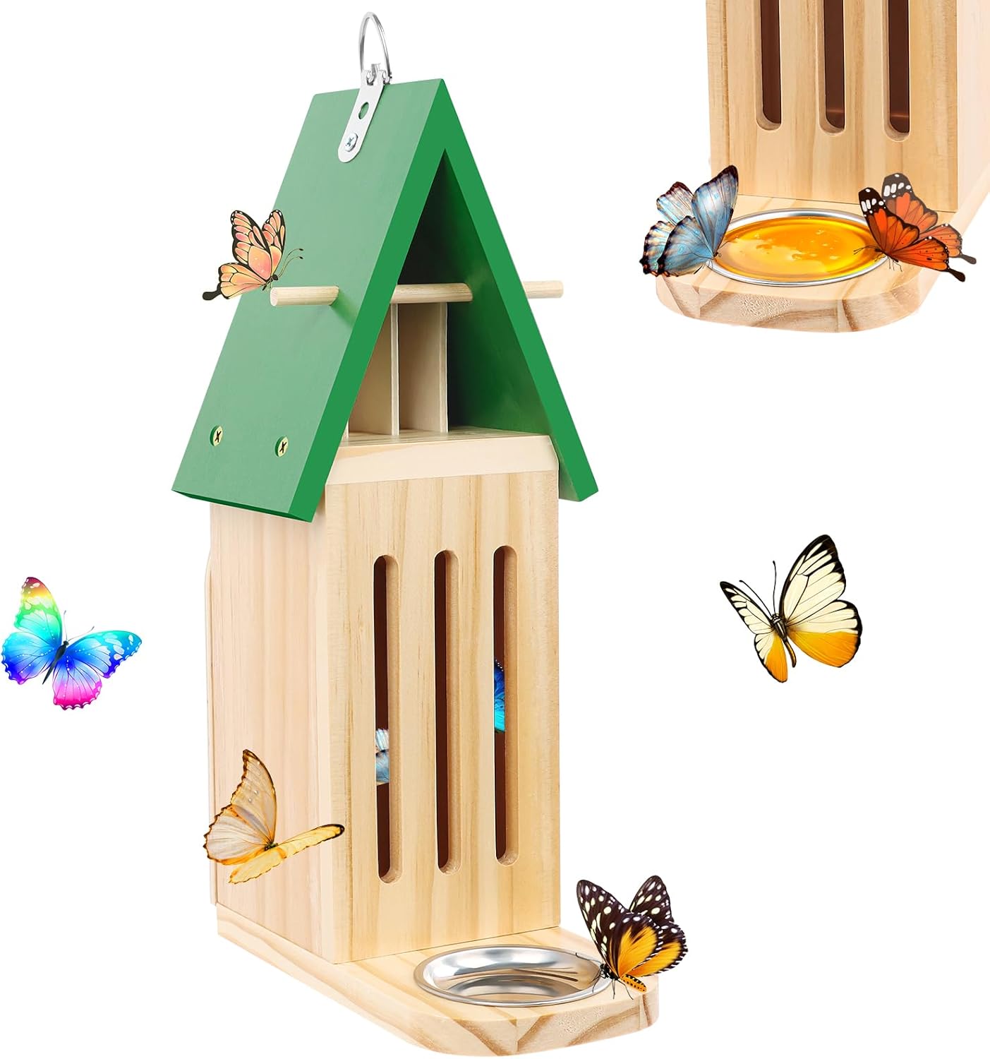 New Butterfly House and Feeder for Outside, Wooden Butterfly House with Metal Stake for Garden, Natural Butterfly Habitat with Butterfly Puddler on The Floor or Hanging on Tree Wall