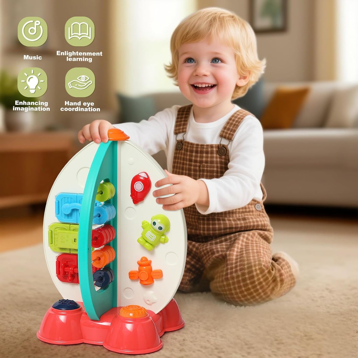 Musical Rocket Toy for Toddlers 1-3 ， Space Learning Toy with Lights & Songs ， Sensory Fine Motor Skills Development ， Birthday Gifts for Boys & Girls
