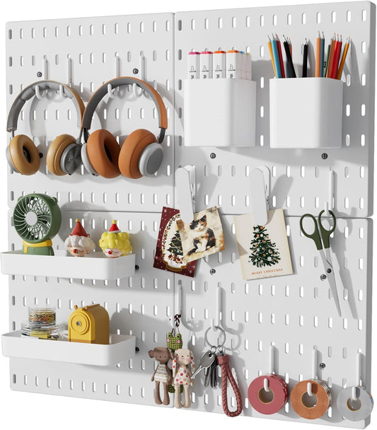 Pegboard Wall Organizer Kit, 4 Pcs Plastic Peg Boards with Hooks & Accessories, Wall-Mounted Pegboard Kit for Home Office Storage, Bedroom, Craft Room(22″×22″)
