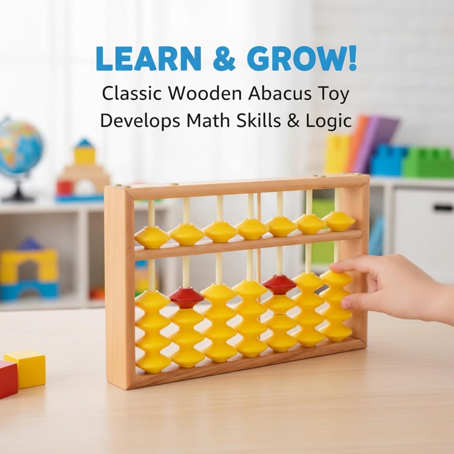 Wooden Abacus for Kids Math, 7 Rods Classroom Abaco with Non-Slip Beads & Hanging Rope, Teacher's Large Abacus for Elementary School