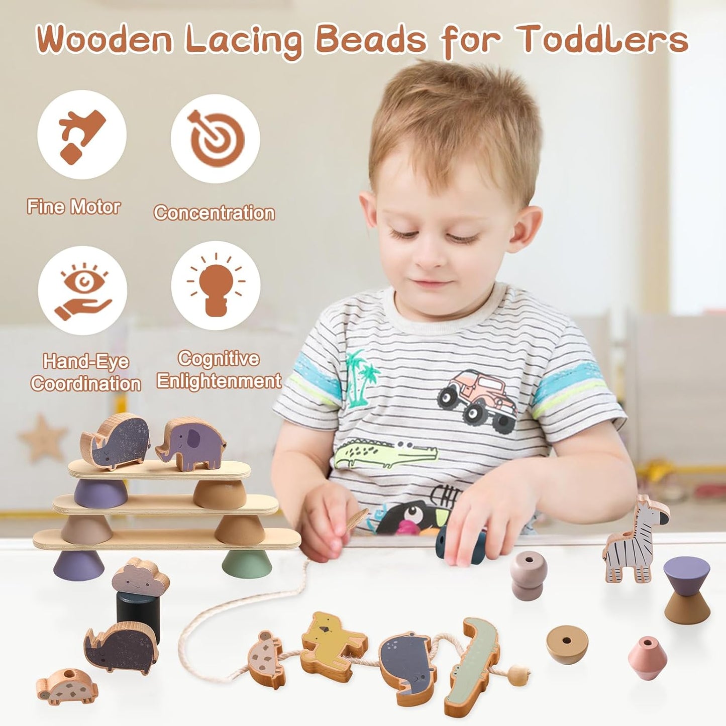 Wooden Animals Threading Toys Lacing Beads for Toddlers,Stacking Blocks Balance Game,Family Educational Preschool Learning Toy, Preschoolers Montessori Classroom Activities,Ideal Gift for Kids