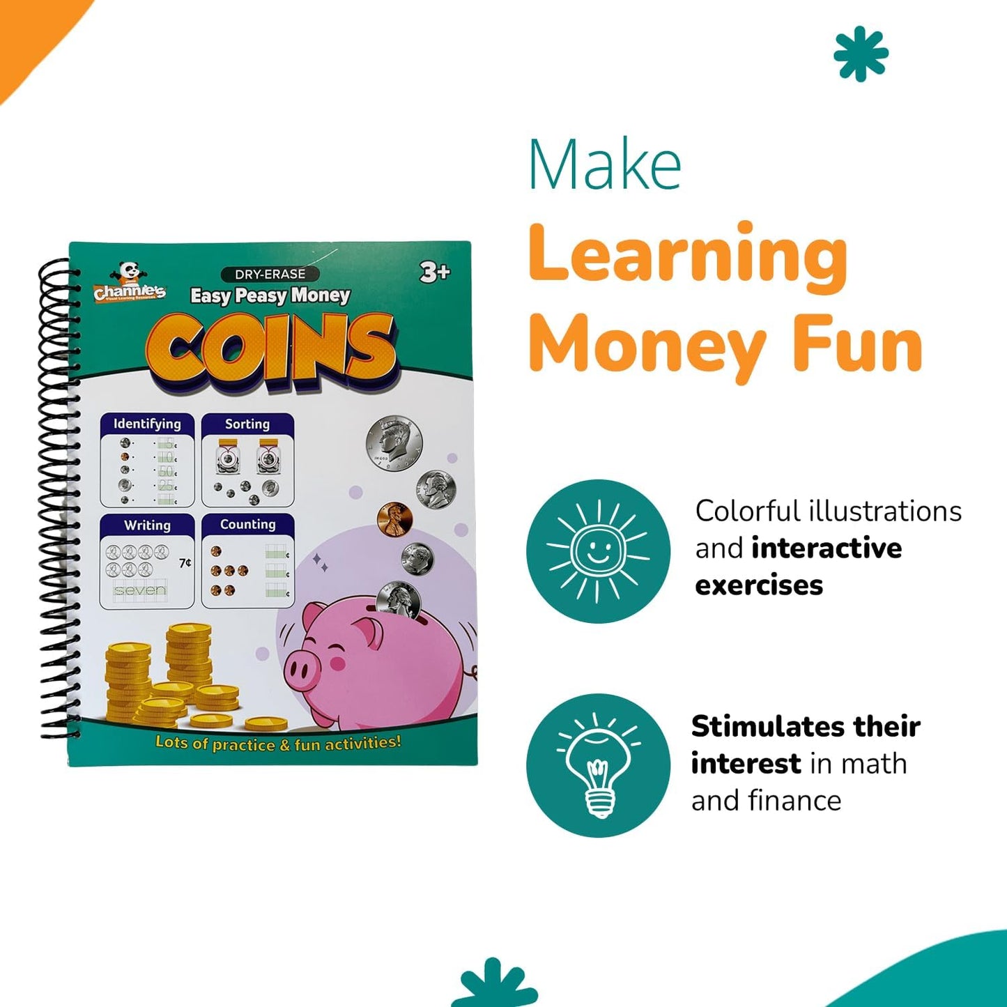 Channie's Easy Peasy Dry Erase Money Book - Fun Toddler Activity Book - Teaches Counting Coins for Kids Ages 3-5/6-8 - Pennies, Nickels, Dimes, Quarters - Money Workbooks for Kids - 65+ Pages