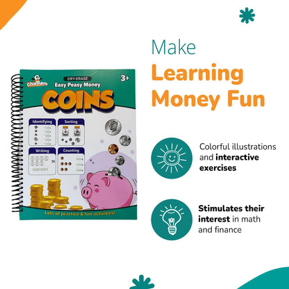 Channie's Easy Peasy Dry Erase Money Book - Fun Toddler Activity Book - Teaches Counting Coins for Kids Ages 3-5/6-8 - Pennies, Nickels, Dimes, Quarters - Money Workbooks for Kids - 65+ Pages