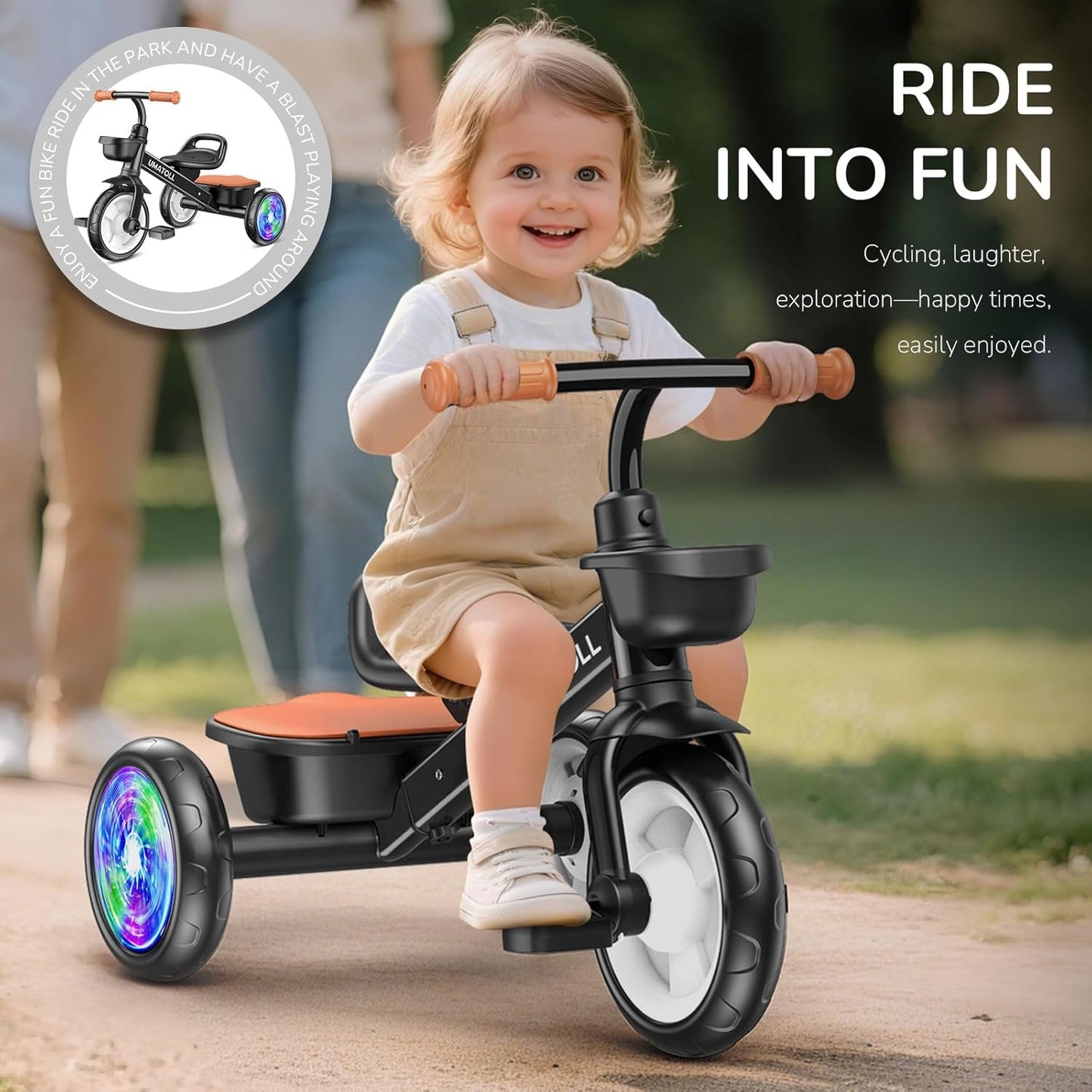 Umatoll Tricycle for Toddlers 2-5 Year Old, Ajustable Toddler Bike Outdoor Toys, Birthday Gift for Girl Age 2-4, Trike with Light up Wheels