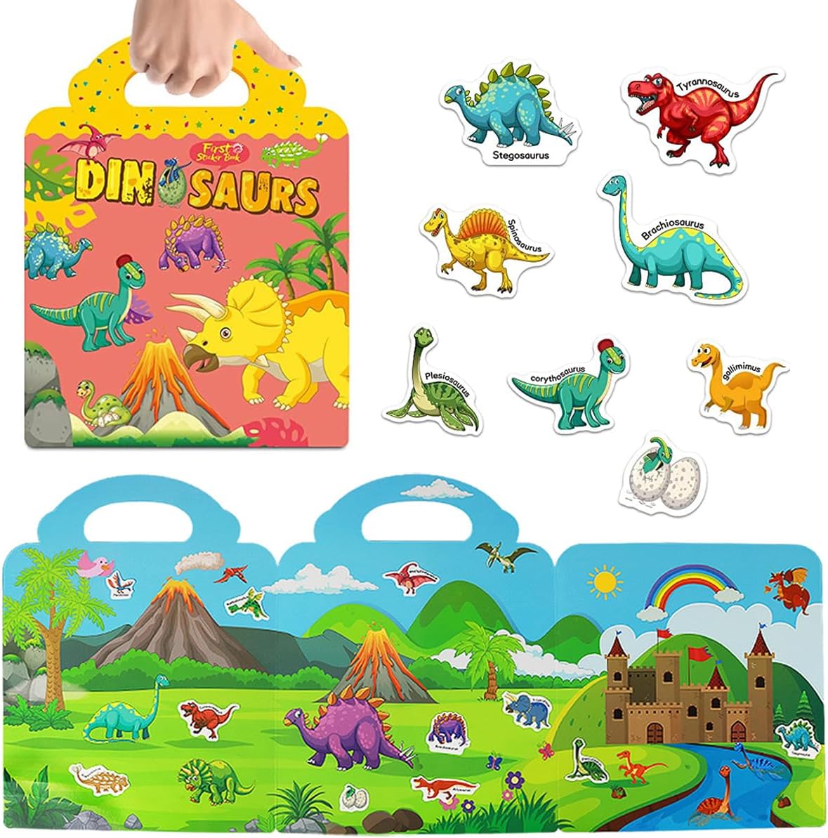 RUSON Reusable Sticker Book for Kids, 2 Sets Educational Learning Toys Travel Stickers Activity Books for Toddler Girls Boys Age 3+ Birthday Gifts - Vehicle & Dinosaur