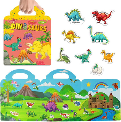 RUSON Reusable Sticker Book for Kids, 2 Sets Educational Learning Toys Travel Stickers Activity Books for Toddler Girls Boys Age 3+ Birthday Gifts - Vehicle & Dinosaur