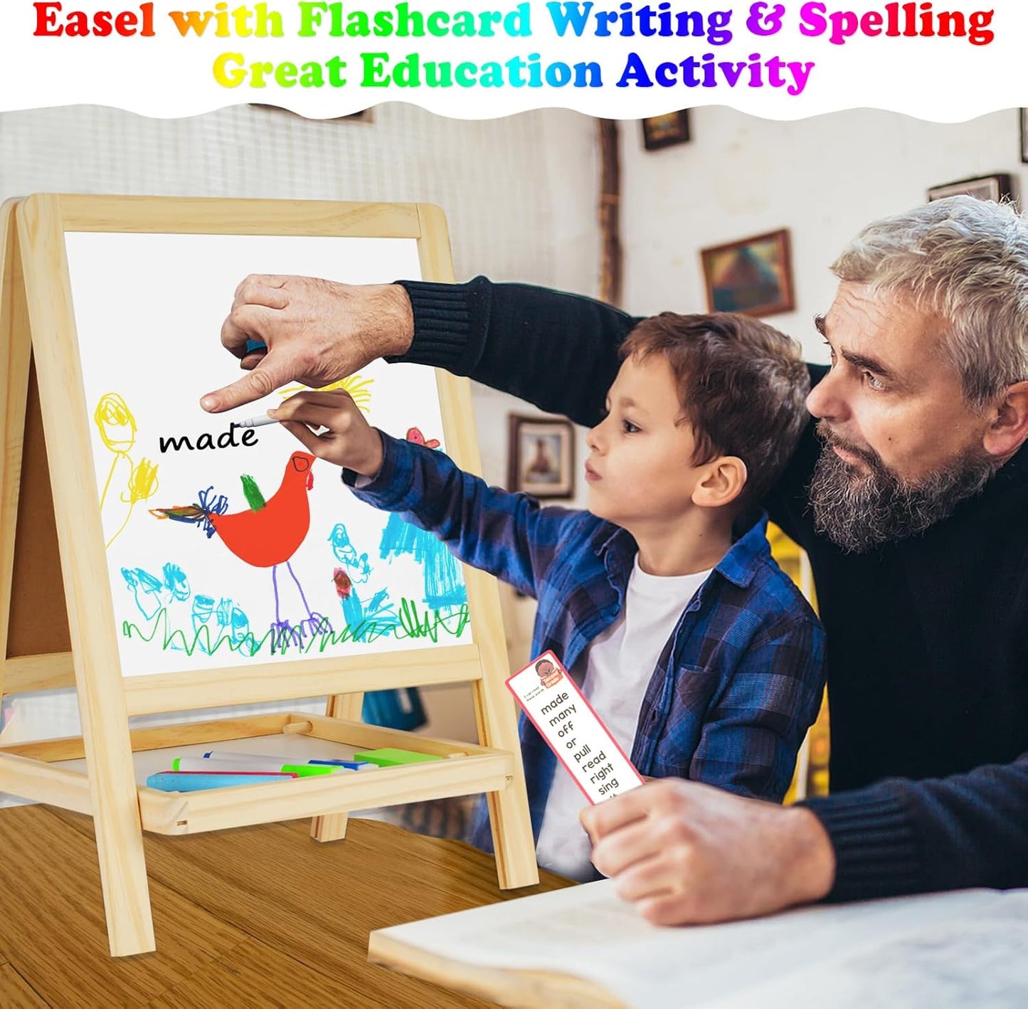 Kids Tabletop Double-Sided Wooden Art Easel - Chalkboard & Whiteboard Painting Board for Toddlers, Dry-Erase Classroom Desk Easel with Chalk, Markers, Eraser, Magnetic Letters/Numbers & Flashcards