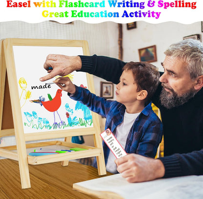 Kids Tabletop Double-Sided Wooden Art Easel - Chalkboard & Whiteboard Painting Board for Toddlers, Dry-Erase Classroom Desk Easel with Chalk, Markers, Eraser, Magnetic Letters/Numbers & Flashcards