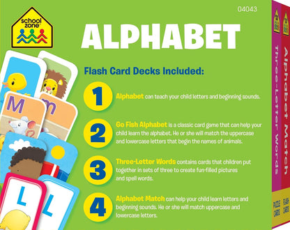 School Zone Alphabet 4-Pack Flash Cards: 224 Cards, Preschool, Kindergarten, Go Fish Alphabet, Three-Letter Words, Alphabet Match, Lowercase & Uppercase Letters, Letter-Picture Recognition, Ages 3+