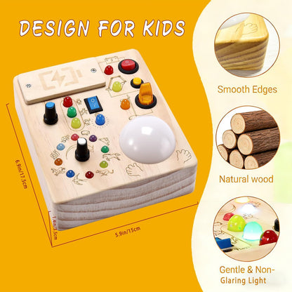 Wooden Montessori Busy Board with LED Light Switches & Tap Light, Sensory Activity Educational Toy for 1-3 Year Old Toddlers, Travel Toy & Birthday Gift for Boys Girls (Battery Not Included)