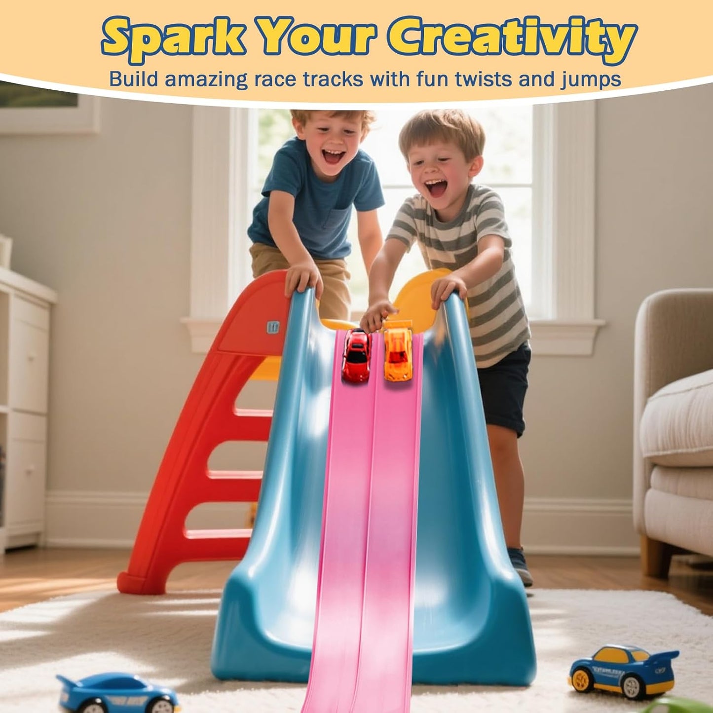 Flex Tracks 15 Ft Starter Set Flexible Race Track for Kids 3+, Flexible Car Track Race Car Ramp Track Compatible with Diecast 1/64th Cars, Portable Rolls Up Race Tracks with Strong Suction Cups