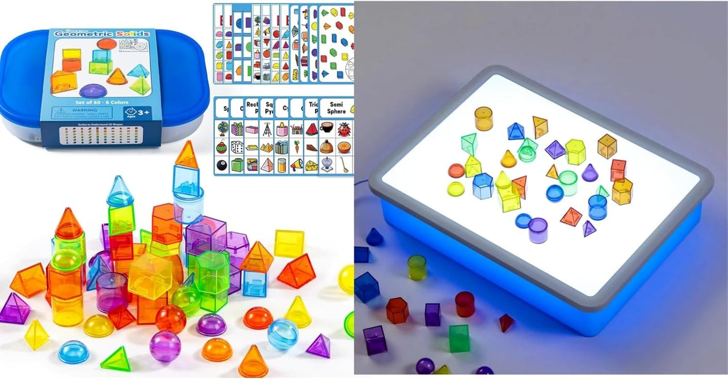 60 Pcs Mini 3D Shapes for Teaching - Bright LED Light Box - 16" -,Light Table for Kids, Color & Light Discovery, Artistic Exploration and Creative Play