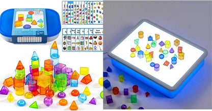 60 Pcs Mini 3D Shapes for Teaching - Bright LED Light Box - 16" -,Light Table for Kids, Color & Light Discovery, Artistic Exploration and Creative Play