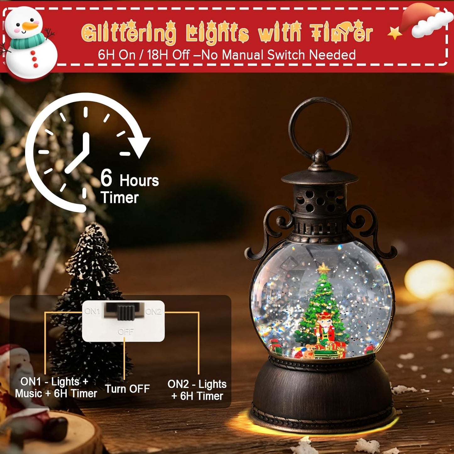 2026 Christmas Tree Train Lighted Musical Snow Globe Lantern Glittering Water Swirling Snowfall Singing Light up Decorative Holiday Decoration, 6H Timer, USB/Battery Operated, Home Décor Accent Gift
