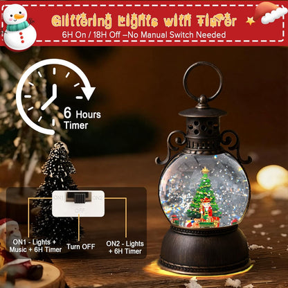 2026 Christmas Tree Train Lighted Musical Snow Globe Lantern Glittering Water Swirling Snowfall Singing Light up Decorative Holiday Decoration, 6H Timer, USB/Battery Operated, Home Décor Accent Gift