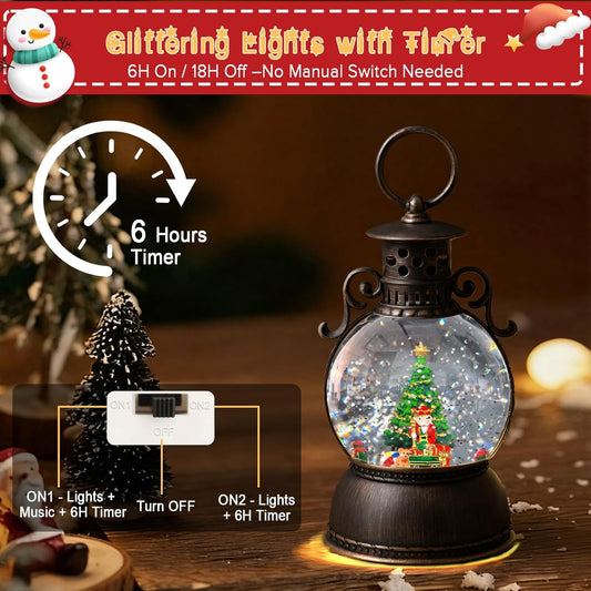 2026 Christmas Tree Train Lighted Musical Snow Globe Lantern Glittering Water Swirling Snowfall Singing Light up Decorative Holiday Decoration, 6H Timer, USB/Battery Operated, Home Décor Accent Gift
