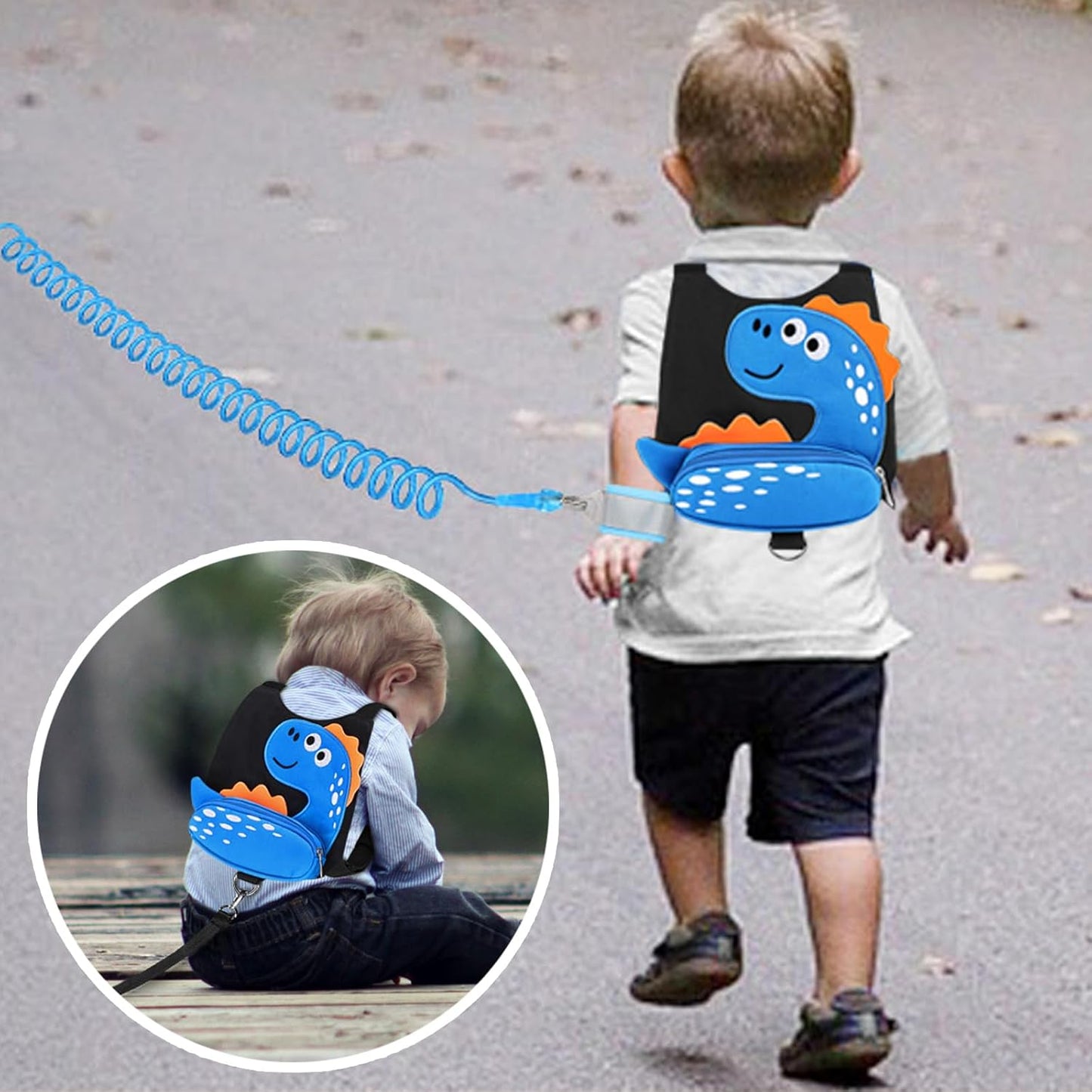 3 in 1 Toddler Harness Leash + Baby Anti Lost Wrist Link, Accmor Cute Dinosaur Child Safety Harness Tether, Kids Walking Wristband Assistant Strap Belt for Parent Boys Outdoor Activity (Black)