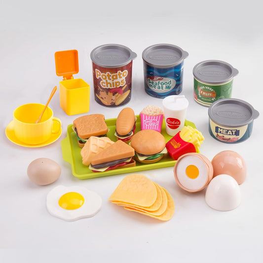 56Pcs Mini Play Kitchen Accessories for Kids, Pretend Cooking Playset with Cookware, Tableware & 2 Fruit Sets, Learning Gift for Girls, Boys, Toddlers, Yellow