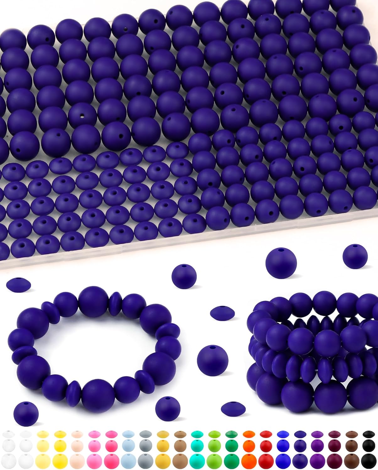 200Pcs FIVEIZERO Mixed Silicone Beads for Keychain Making, 12mm 15mm Round and 12mm Lentil Silicone Beads for Pens Bracelet Necklace DIY Crafts(Black)