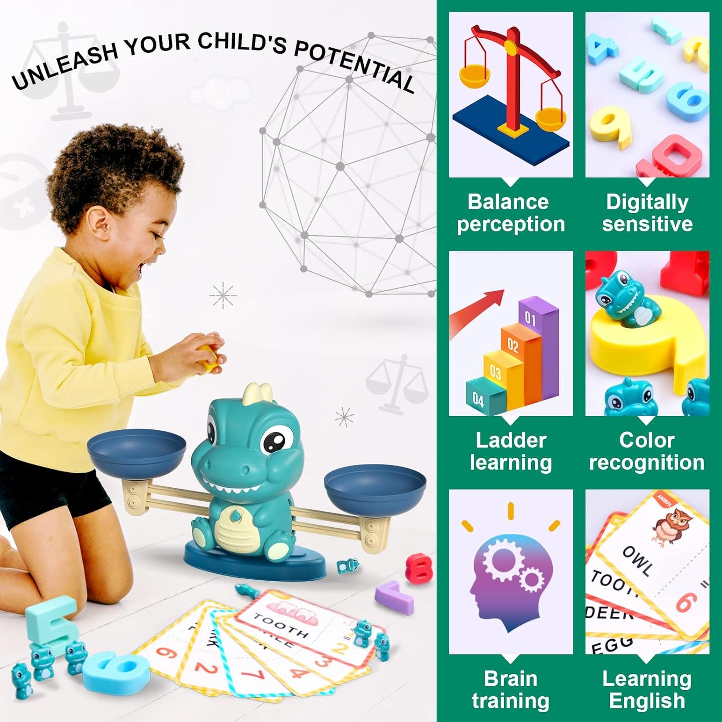 Kaodezhu Dinosaur Math Balance Toy for Boys and Girls - Montessori Matching Letter Toy for Kids 3 Year Olds, Educational Kindergarten Preschool Early Learning, Birthday Gift for 4 5 6 7 Years Old