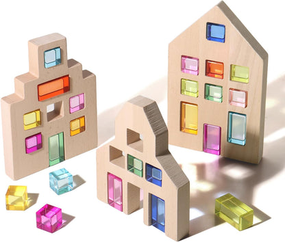 30 Pcs Mixed Acrylic Blocks Set - 10 Long (2.5x2.5x5CM) + 20 Cube (2.5x2.5x2.5CM) Rainbow Gem Blocks, Sensory Stacking Toy for 1 2 3 4 Years Old, Boys Girls Gift with Rich Building Possibilities