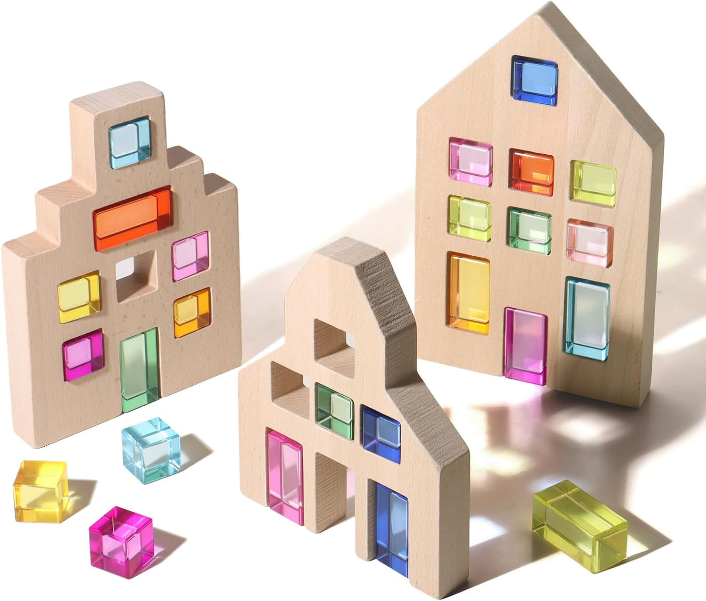30 Pcs Mixed Acrylic Blocks Set - 10 Long (2.5x2.5x5CM) + 20 Cube (2.5x2.5x2.5CM) Rainbow Gem Blocks, Sensory Stacking Toy for 1 2 3 4 Years Old, Boys Girls Gift with Rich Building Possibilities