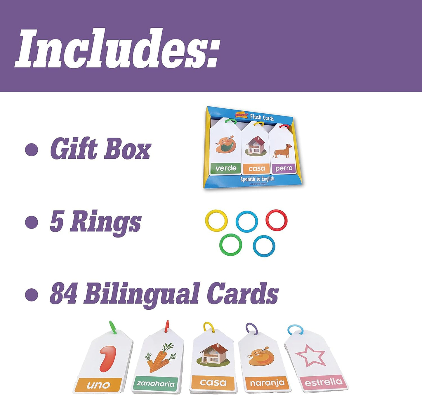 Bilingual Spanish English Flash Cards for Kids 5 Themes Alphabet Color Number Shape First Words 84 Cards Gift Pack