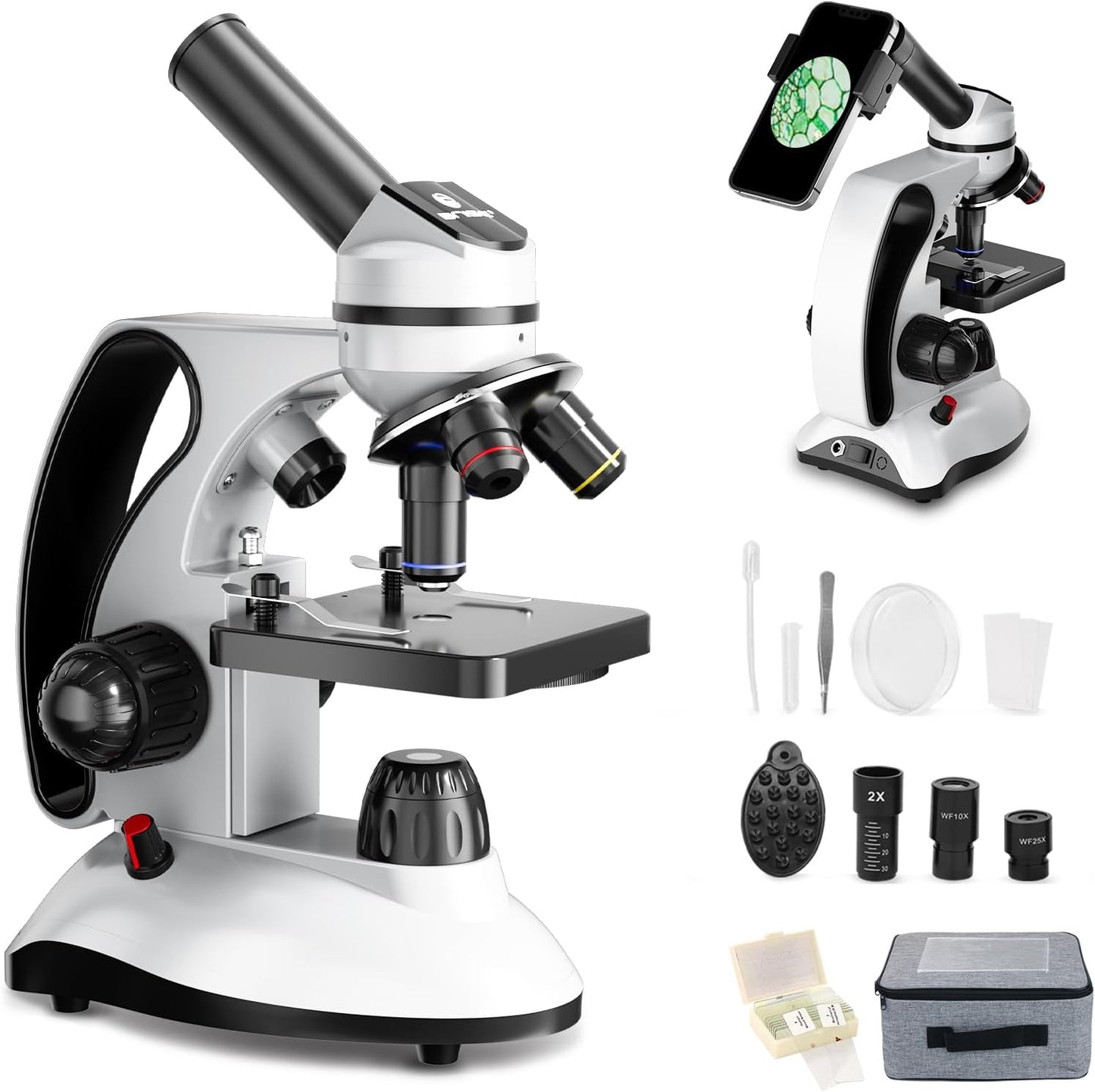Microscope Kit for Kids Adults Students, 40X-2000X Compound Microscope with Prepared Slides, Dual LED Illumination, All-Glass Optics, Phone Adapter & Carrying Case for Beginners