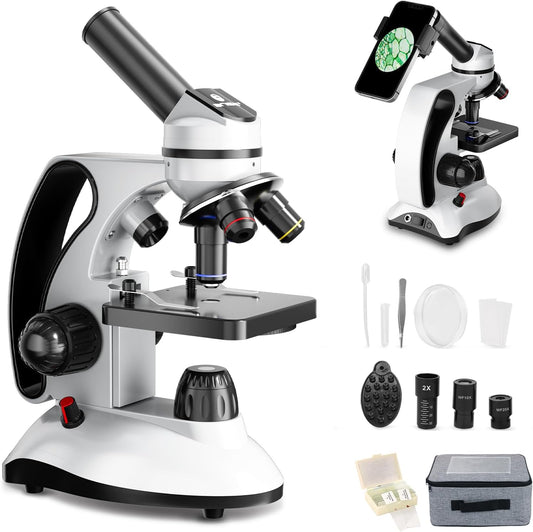 Microscope Kit for Kids Adults Students, 40X-2000X Compound Microscope with Prepared Slides, Dual LED Illumination, All-Glass Optics, Phone Adapter & Carrying Case for Beginners