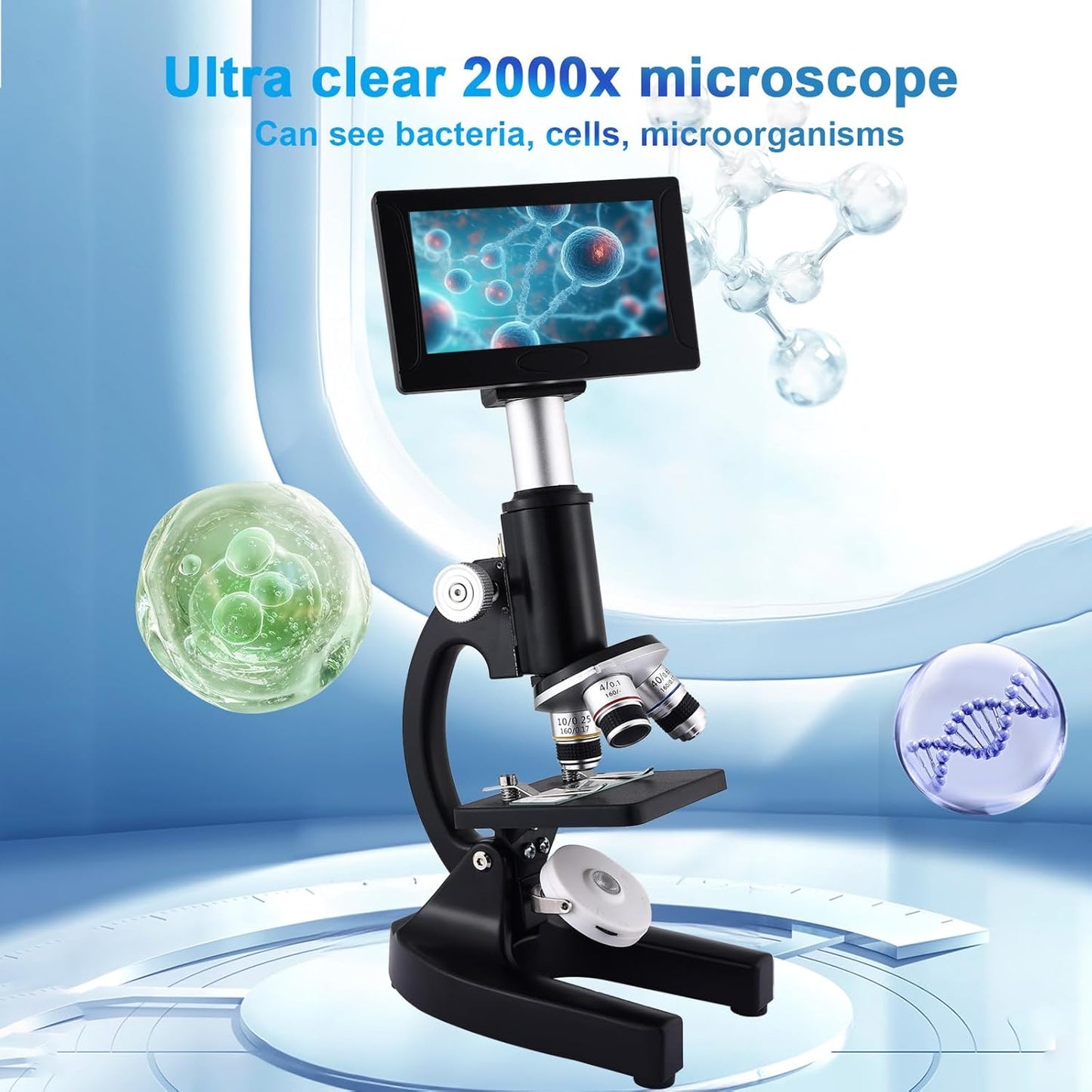 Microscope 40X-2500X Magnification with 4.3-inch Display, Wide-Angle 10X and 25X eyepieces, and Built-in 5-megapixel Camera for School Labs, Animal Husbandry (White)