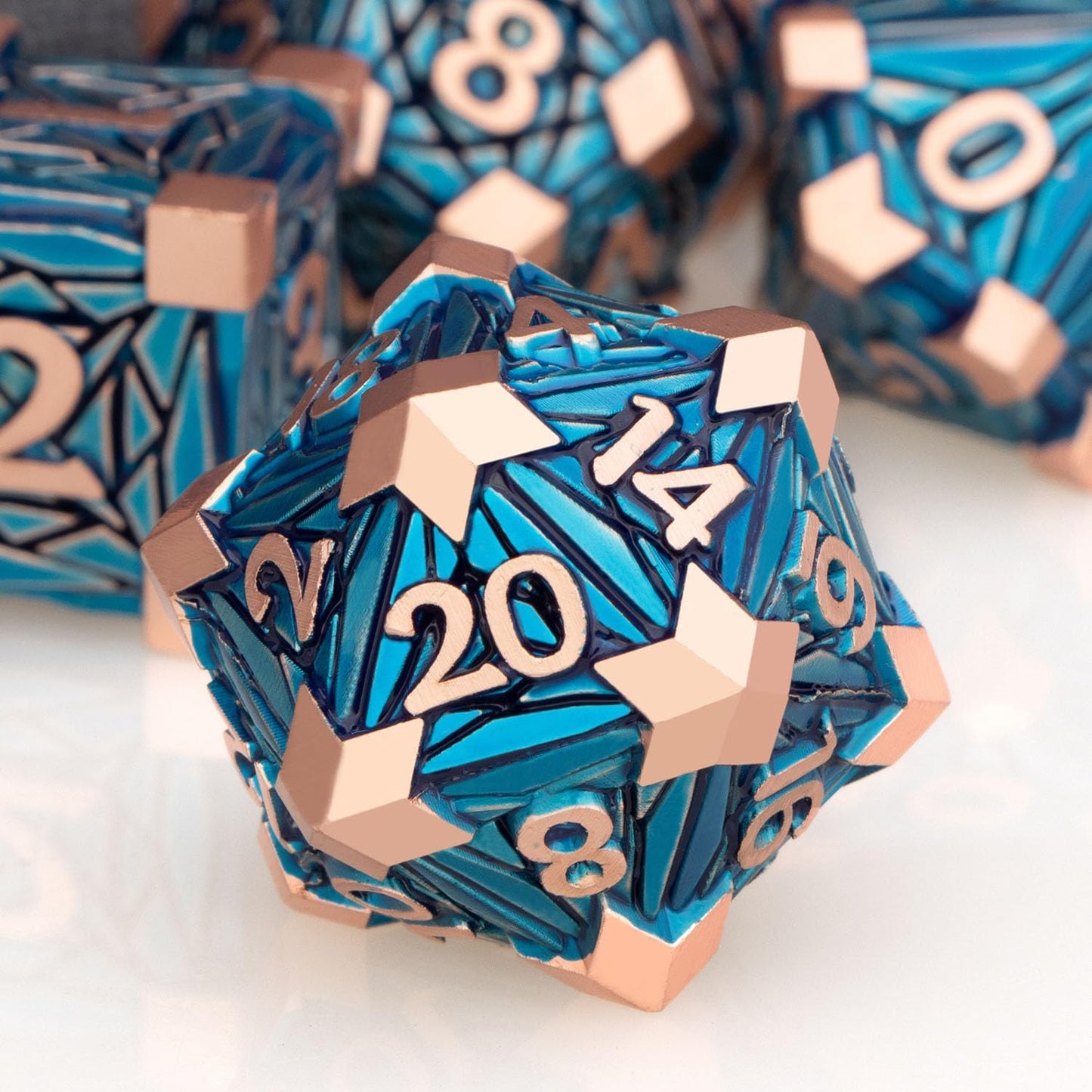 7PCS Metal DND Dice Set with Box, Debris RPG Blue White D and D Dice for D&D Tabletop Games Role Playing Game Polyhedral Dice Set D20 D12 D10 D8 D6 D4